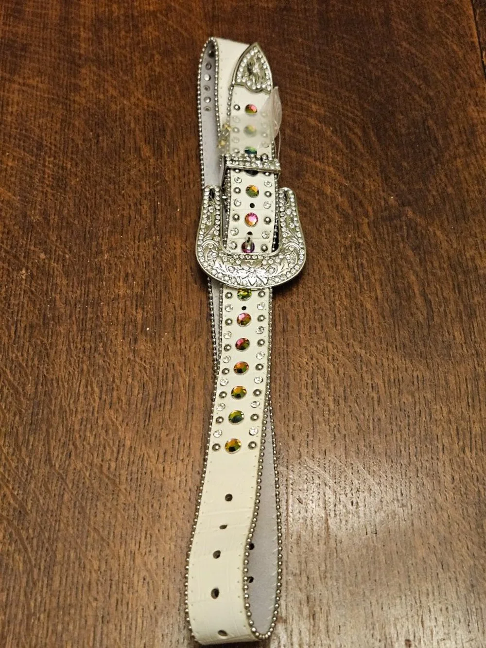 Y2K Genuine Leather White Aurora Borealis Rhinestone Bling Belt Large 38